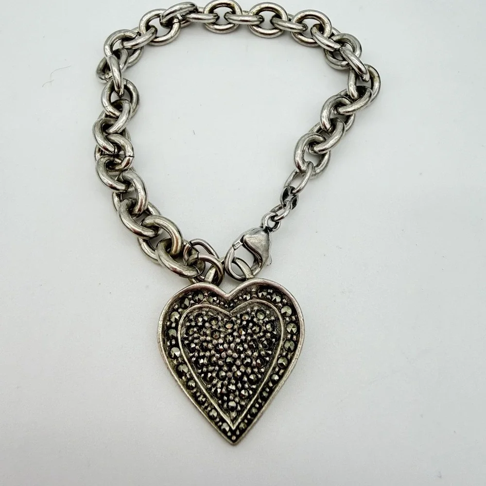 VTG‎ Sterling Silver Heart Charm Bracelet Marcasite Hallmarked Charm 26gr Sz6.5